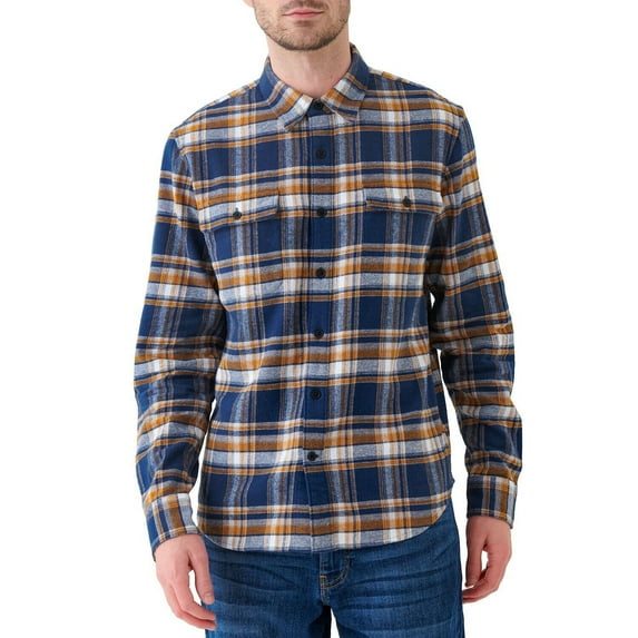Lucky Brand Men's Button-Down Humboldt Woven Long Sleeve Flannel Shirt (Navy/Yellow Plaid, XXXL)