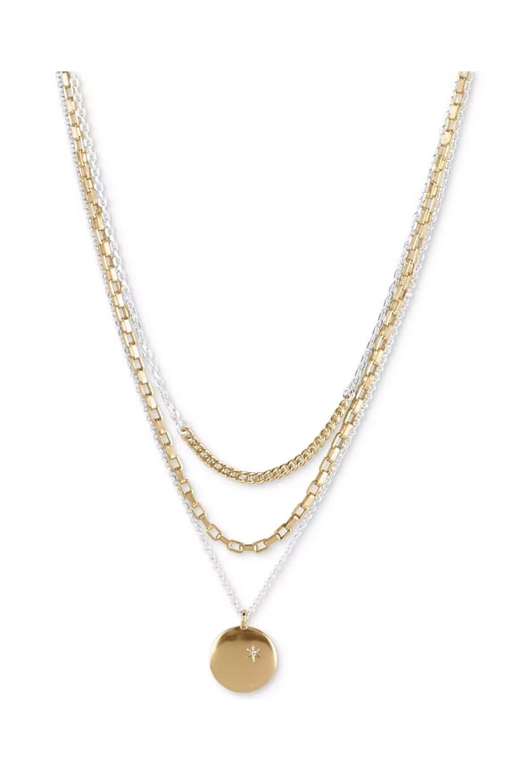 Two-Tone Pav Celestial-Etched Layered Pendant Necklace,