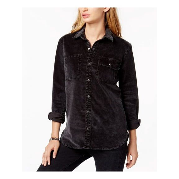 LUCKY BRAND Womens Black Collared Cuffed Button Up Top S