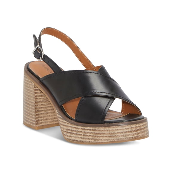 LUCKY BRAND Womens Black Padded Delmie Round Toe Stacked Heel Buckle Leather Slingback Sandal 9.5 M