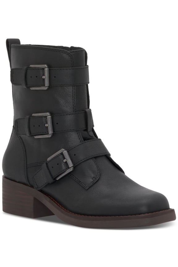 Womens Black Pull Tab Buckle Accent Padded Katriny Block Heel Zip-Up Leather Booties 9.5 M