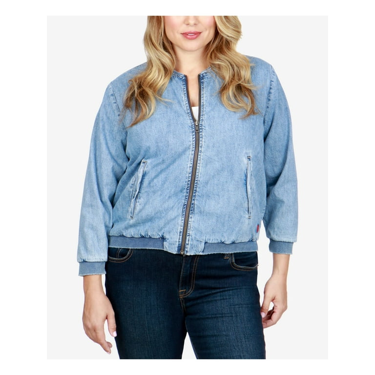 LUCKY BRAND Womens Blue Zippered Ribbed Trim Bomber Jacket Plus 3X 
