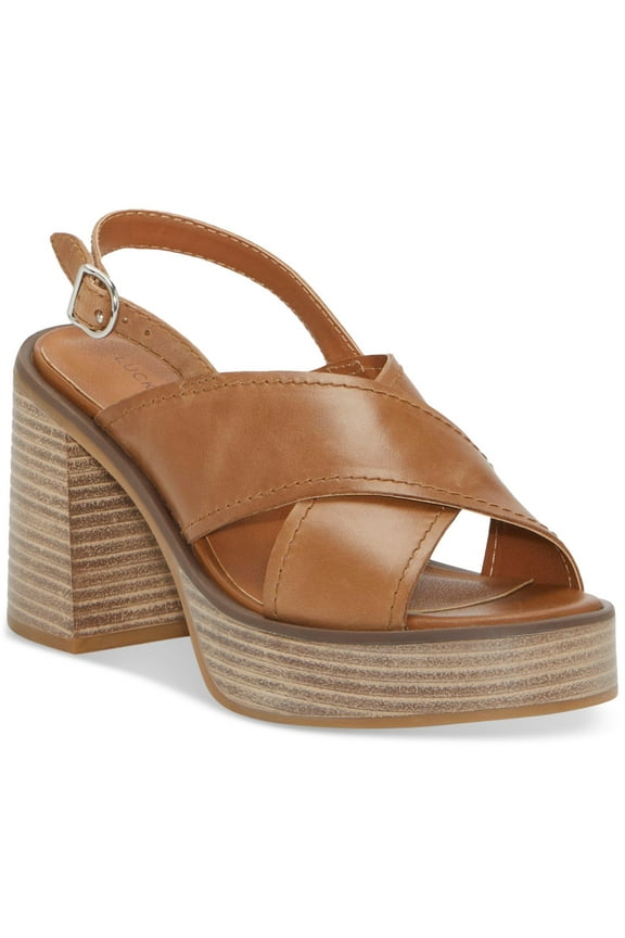 Womens Brown 1" Platform Crisscross Straps Padded Delmie Round Toe Stacked Heel Buckle Leather Slingback Sandal 6.5
