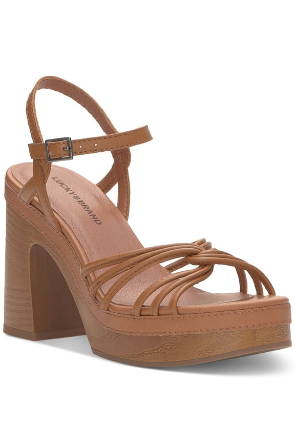 Womens Brown 1" Platform Strappy Padded Ismene Round Toe Block Heel Buckle Leather Heeled Sandal 9.5 M