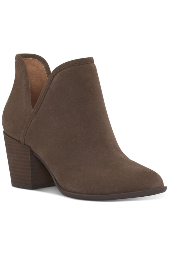 Womens Brown V-Notch Cutouts Padded Beetrix Almond Toe Stacked Heel Slip On Leather Booties 9.5 M