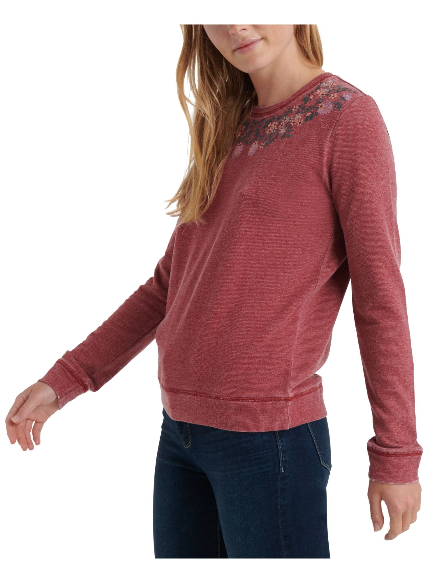 LUCKY BRAND Womens Burgundy Floral Long Sleeve Crew Neck Top Size