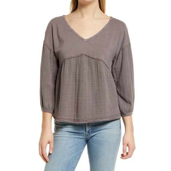 LUCKY BRAND Womens Gray Textured Relaxed Fit 3/4 Sleeve V Neck Peplum Top M