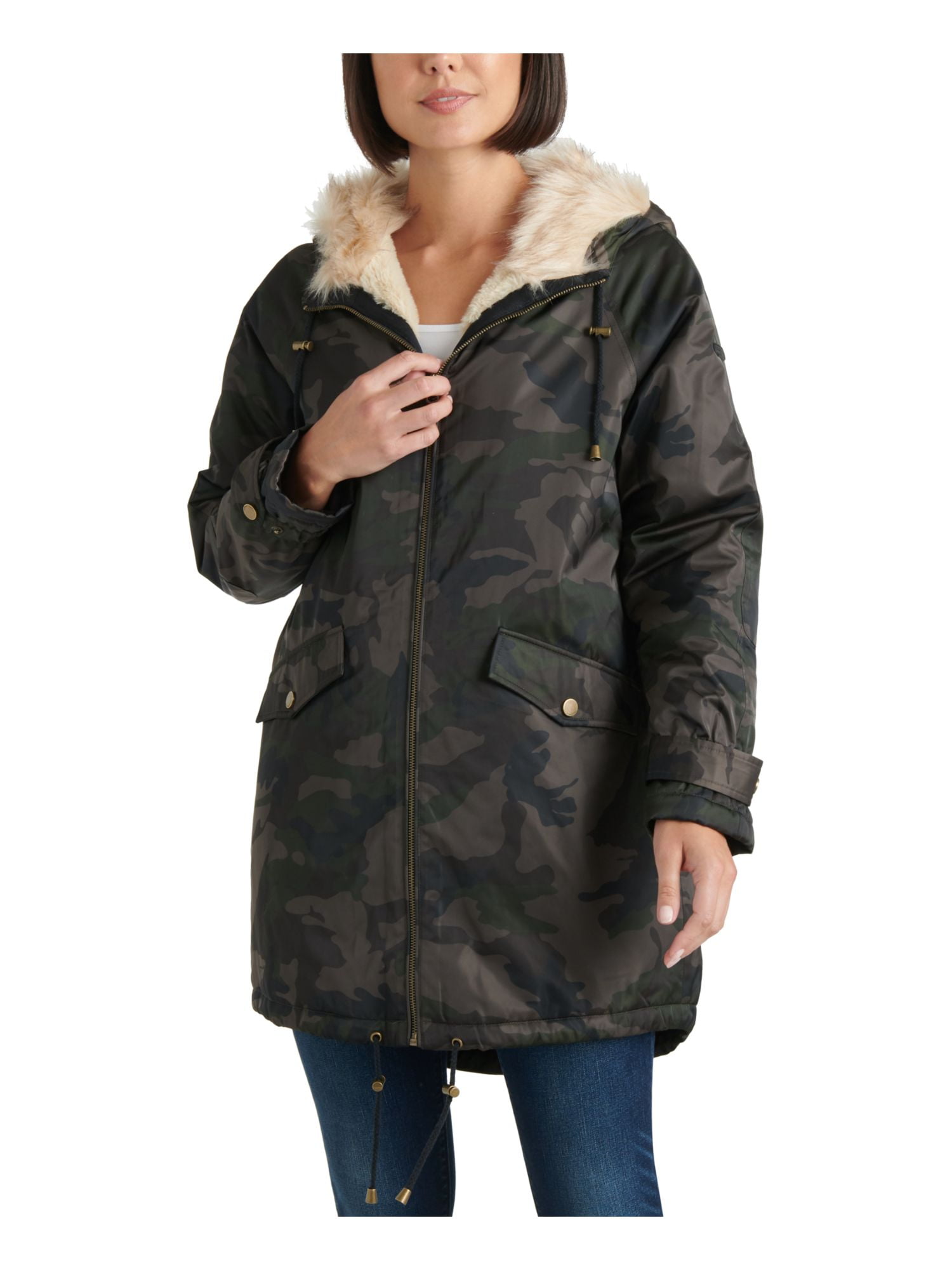 LUCKY BRAND Womens Green Faux Fur Camouflage Zip Up Winter Jacket