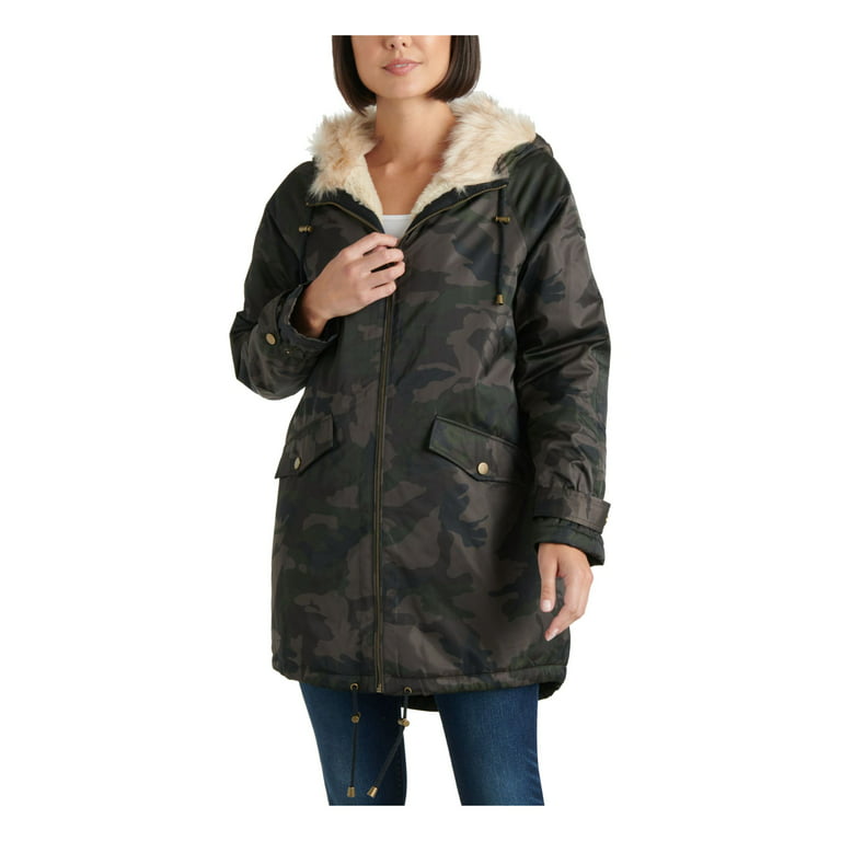 LUCKY BRAND Womens Green Faux Fur Camouflage Zip Up Winter Jacket