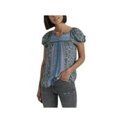 LUCKY BRAND Womens Green Floral Short Sleeve V Neck Top Size L