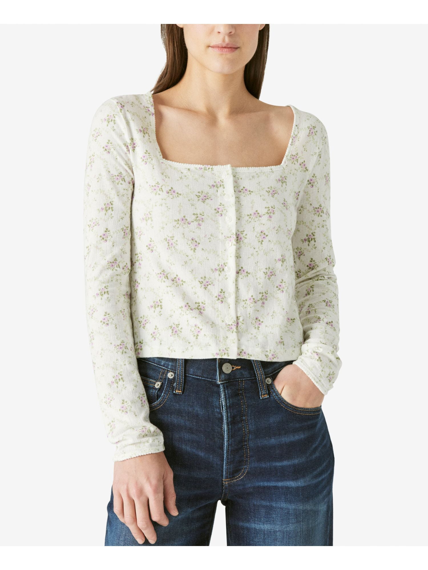 LUCKY BRAND Womens Ivory Floral Long Sleeve Square Neck Top L 