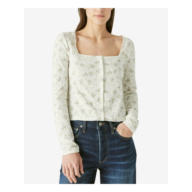 LUCKY BRAND Womens Ivory Floral Long Sleeve Square Neck Top L