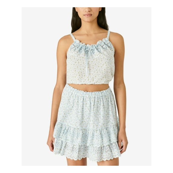 LUCKY BRAND Womens Light Blue Eyelet Ruffled Tiered Lined Elastic Waist Floral Short A-Line Skirt S