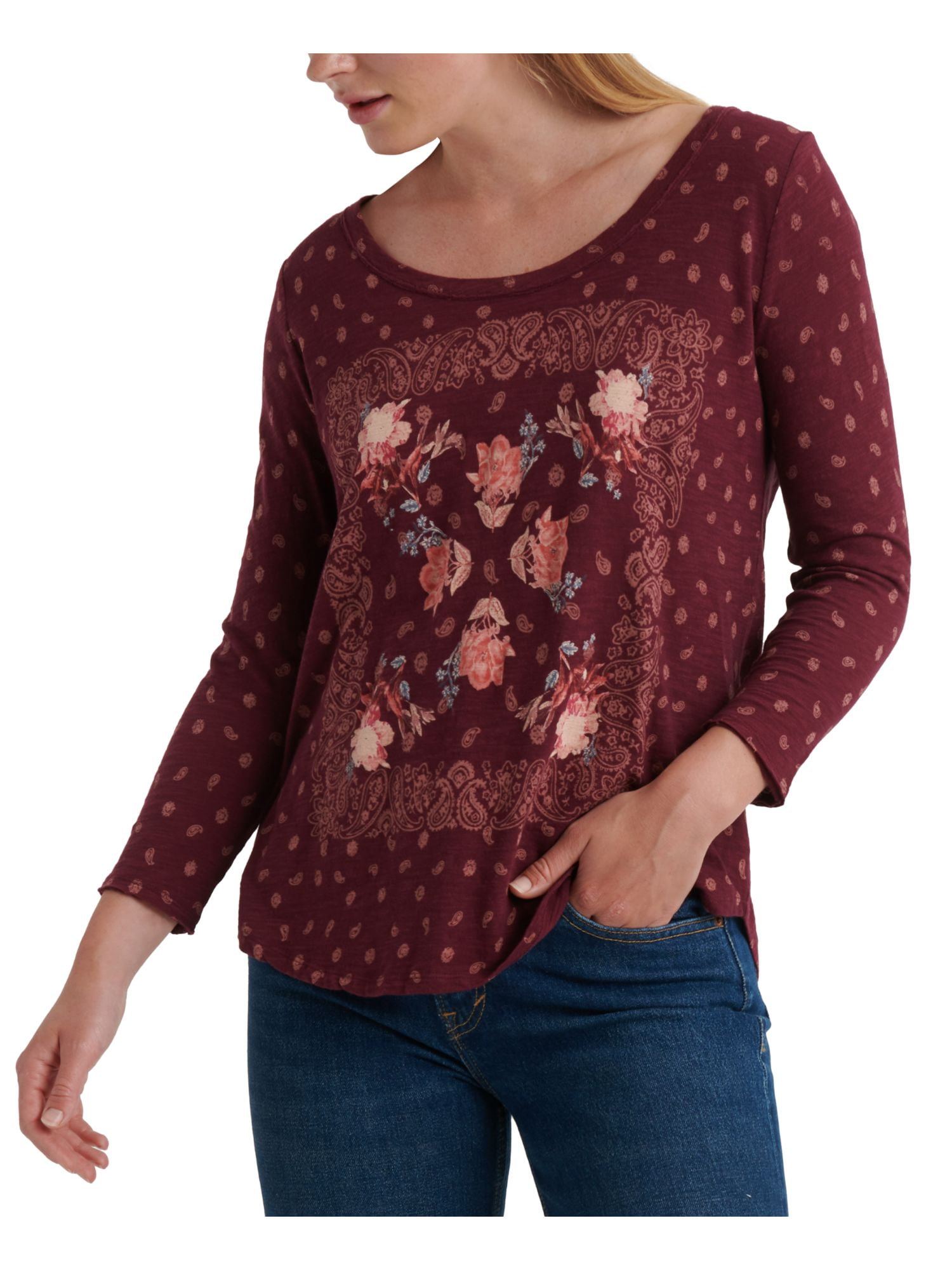 LUCKY BRAND Womens Maroon Printed Long Sleeve Scoop Neck T-Shirt Size: S 