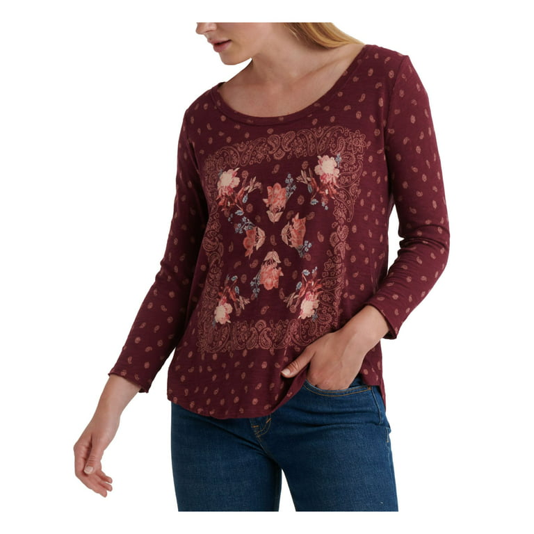 LUCKY BRAND Womens Maroon Printed Long Sleeve Scoop Neck T-Shirt