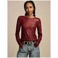 thumbnail image 1 of LUCKY BRAND Womens Maroon Sequined Sheer Striped Long Sleeve Round Neck Blouse XS, 1 of 2