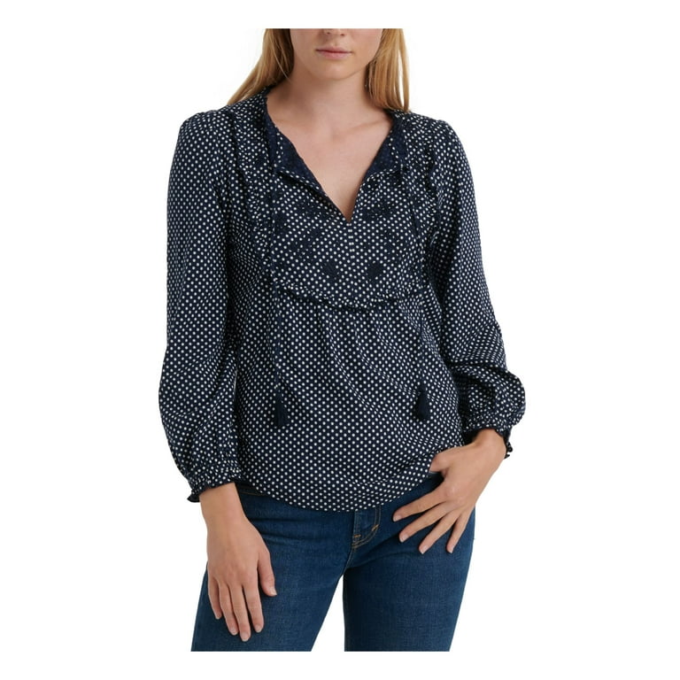 LUCKY BRAND Womens Navy Embroidered Polka Dot Long Sleeve V Neck Top  Petites SP 