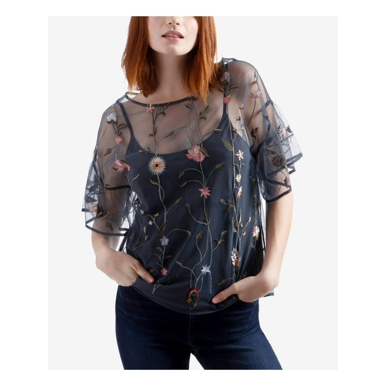 LUCKY BRAND Womens Navy Embroidered Sheer Floral 3/4 Sleeve Scoop
