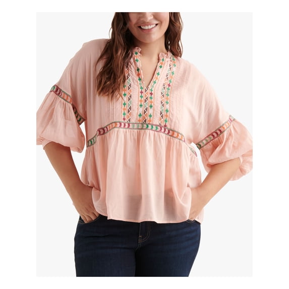 LUCKY BRAND Womens Orange Embroidered 3/4 Blouson Sleeves Printed Split Peasant Top Plus 1X