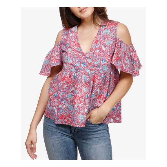 LUCKY BRAND Womens Pink Cold Shoulder Printed Short Sleeve V Neck Top XS