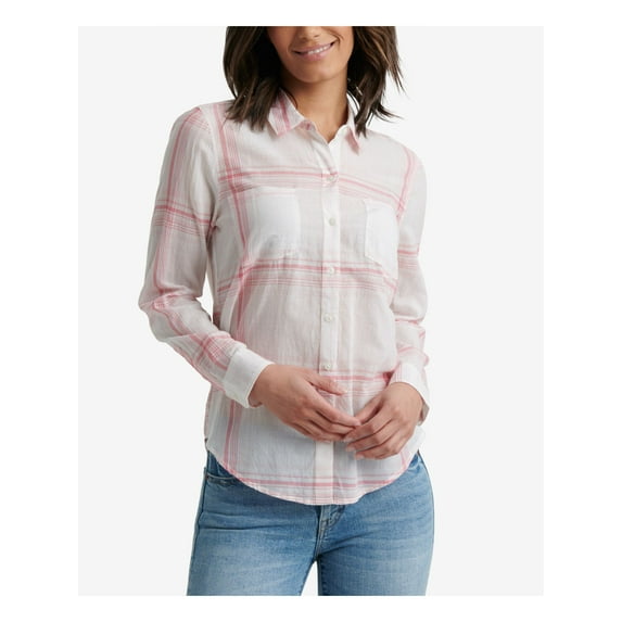 LUCKY BRAND Womens Pink Pocketed Plaid Cuffed Collared Button Up Top Size: XS