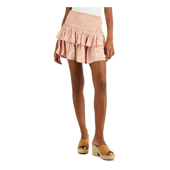 LUCKY BRAND Womens Pink Smocked Pull-on Tiered Lined Floral Mini A-Line Skirt L