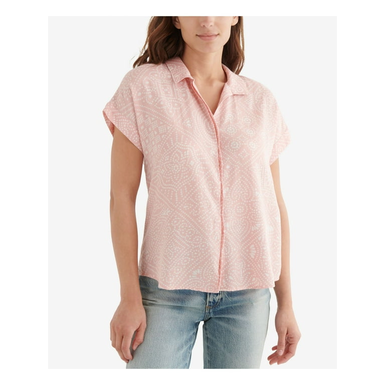 LUCKY BRAND Womens Pink Stretch Printed Short Sleeve Collared