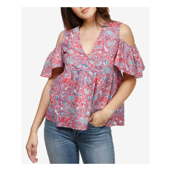 LUCKY BRAND Womens Red Cold Shoulder Printed Short Sleeve V Neck Top M