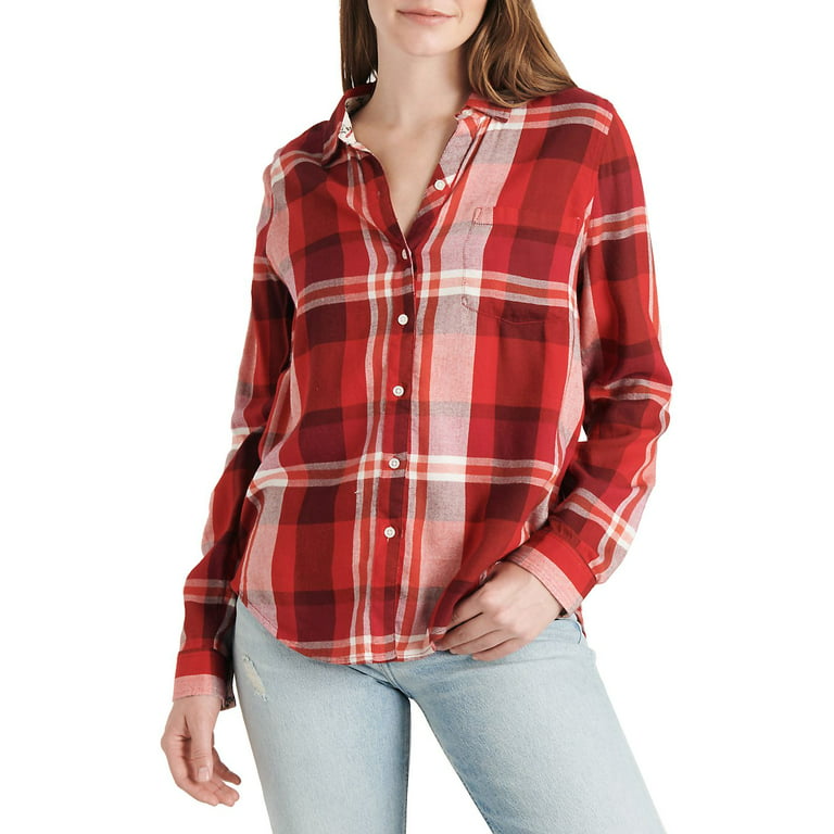 LUCKY BRAND Womens Red Plaid Long Sleeve Button Up Top XL 