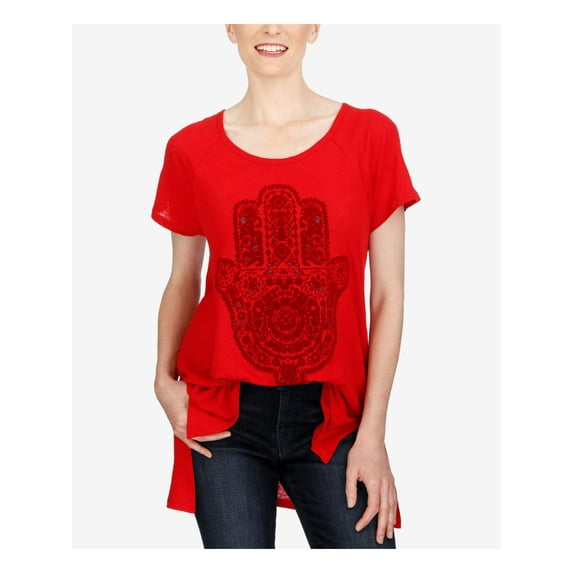 LUCKY BRAND Womens Red Printed Short Sleeve Jewel Neck Top Size: M