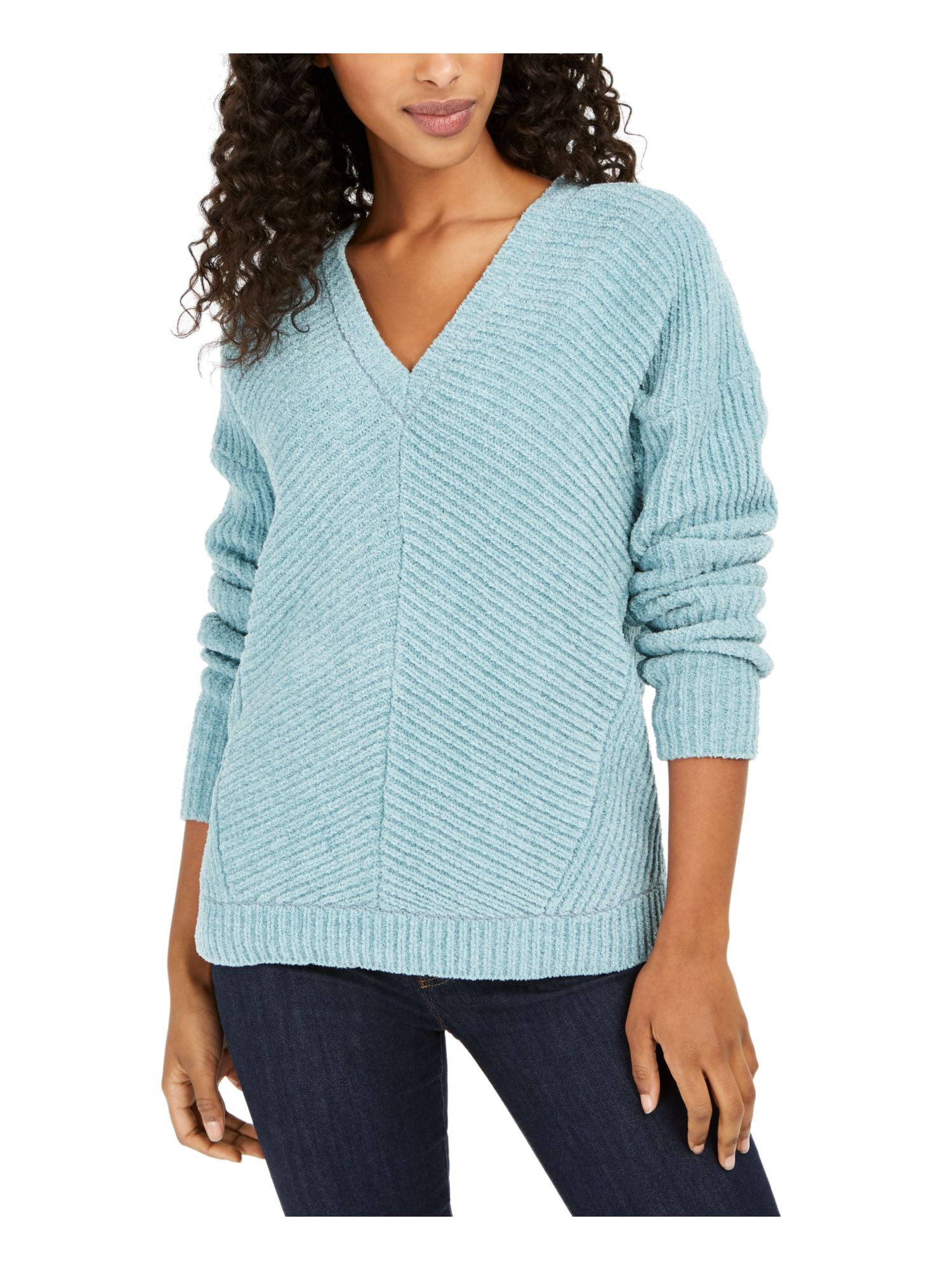 LUCKY BRAND Womens Teal Embroidered Long Sleeve V Neck Sweater
