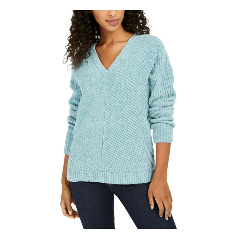 LUCKY BRAND Womens Teal Embroidered Long Sleeve V Neck Sweater Size: L