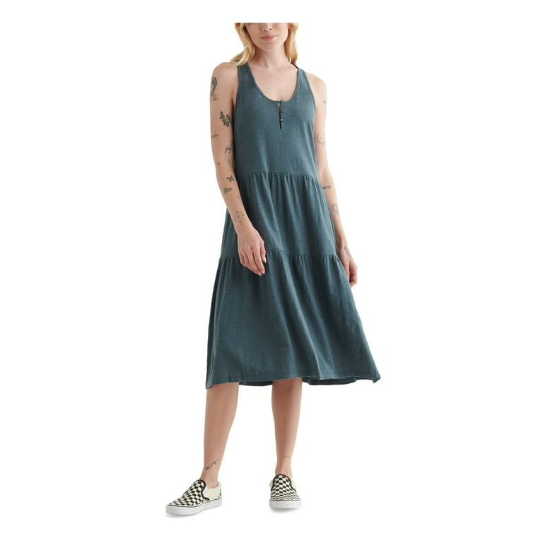 LUCKY BRAND Womens Teal Racerback Button Front Tiered Unlined Sleeveless  Scoop Neck Below The Knee Shift Dress XL 
