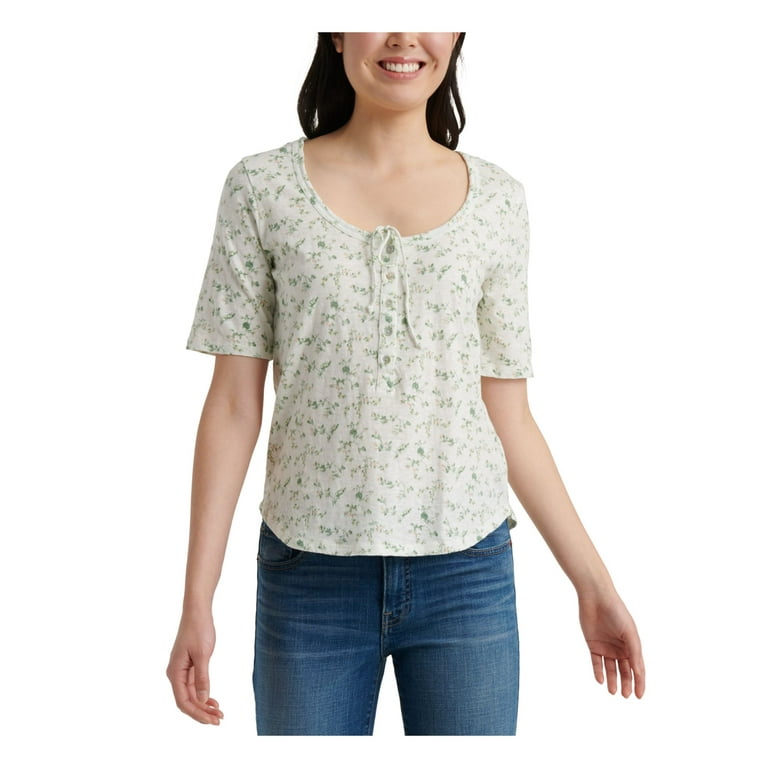 Lucky Brand, Tops, Lucky Brand Womens Top Scoop Neck Blouse Floral Short  Sleeves White Green Medium