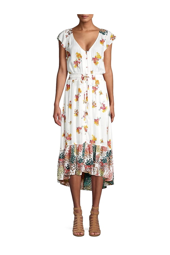 Womens White Floral Sleeveless V Neck Midi Hi-Lo Dress Size: XL