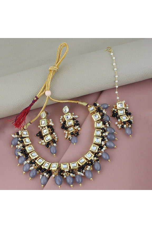 Back Meenakari Stone Bollywood Style Handcrafted Indian Jewelry 18k Gold Plated Grey Color Square Shape Tika Earring Combo Jewellery Set