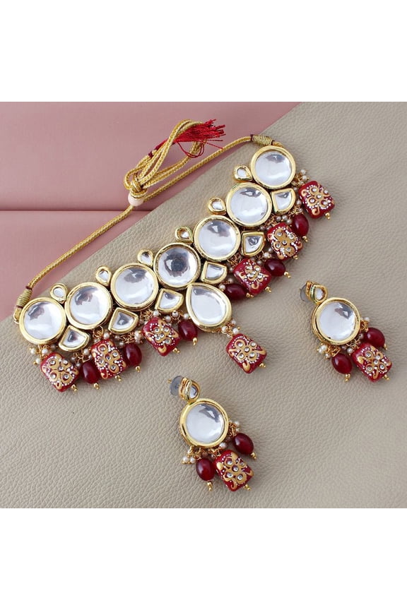 Back Meenakari Stone Bollywood Style Handcrafted Indian Jewelry 18k Gold Plated Maroon Color Earring Combo Jewellery Set Uncut Kundan Big Faux Kundan Dibbi Kundan Choker Necklace Set
