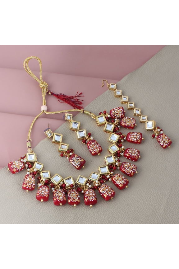 Back Meenakari Stone Bollywood Style Handcrafted Indian Jewelry 18k Gold Plated Maroon Color Square Shape Tika Earring Combo Jewellery Set