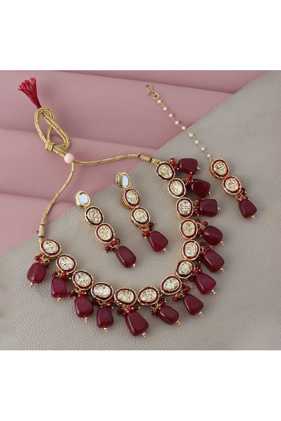 Back Meenakari Stone Bollywood Style Handcrafted Indian Jewelry 18k Gold Plated Maroon Color Tika Earring Combo Jewellery Set
