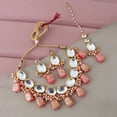 thumbnail image 1 of LUCKY JEWELLERY Back Meenakari Stone Bollywood Style Handcrafted Indian Jewelry 18k Gold Plated Peach Color Tika Earring Combo Jewellery Set, 1 of 4