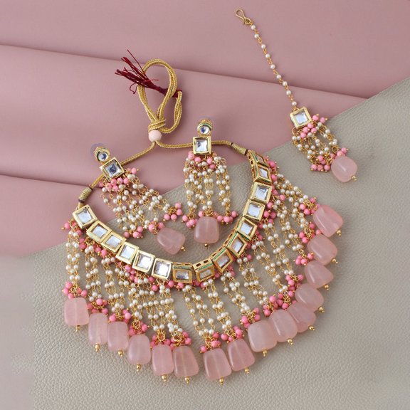 LUCKY JEWELLERY Back Meenakari Stone Bollywood Style Handcrafted Indian Jewelry 18k Gold Plated Pink Color Square Shape Tika Earring Combo Jewellery Set