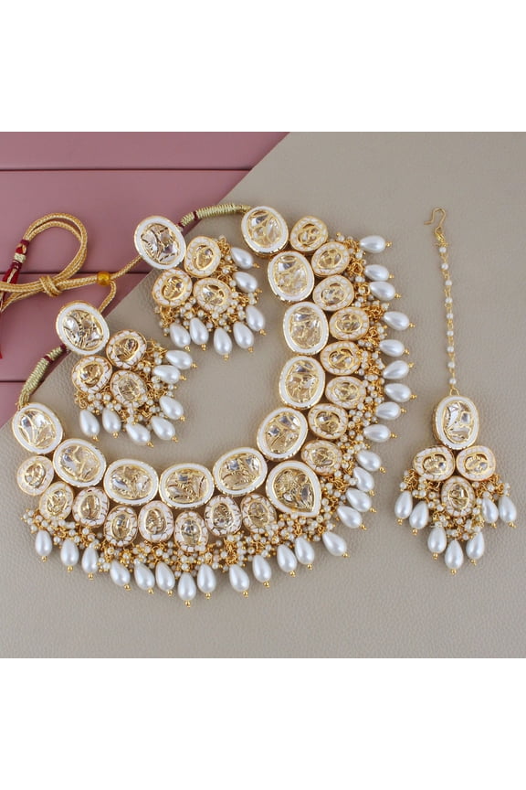 Back Meenakari Stone Bollywood Style Handcrafted Indian Jewelry 18k Gold Plated White Color Tika Earring Combo Uncut Big Faux Kundan Choker Necklace Set