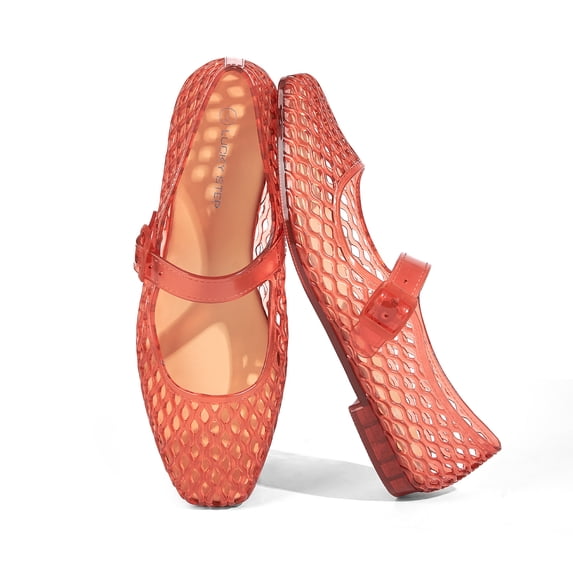 LUCKY STEP Womens Jelly Ballet Flats Buckle Strap Lightweight Mesh Clear Beach Sandals,Red