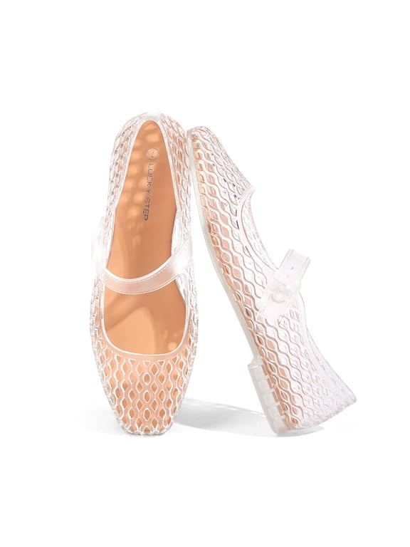 Womens Jelly Ballet Flats Buckle Strap Lightweight Mesh Clear Beach Sandals,Transparent