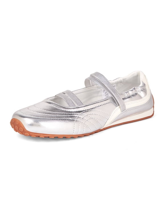 Ballet Flats Mary Jane Fashion Sneakers Elastic Strap Dressy Casual Shoes,Silver,Womens
