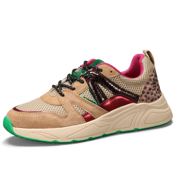 LUCKY STEP Chunky Colorful Sneakers Fashion Walking Tennis Travel Shoes,Camel/Beige,Womens