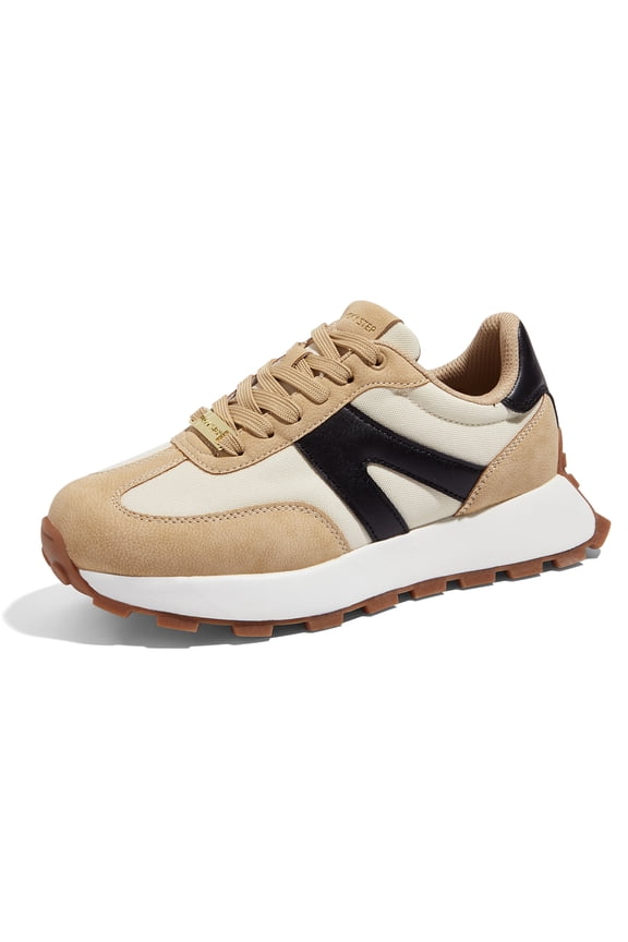 Womens Platform Shoes Chunky Fashion Lace-up Sneakers Casual Shoes,Beige&Black