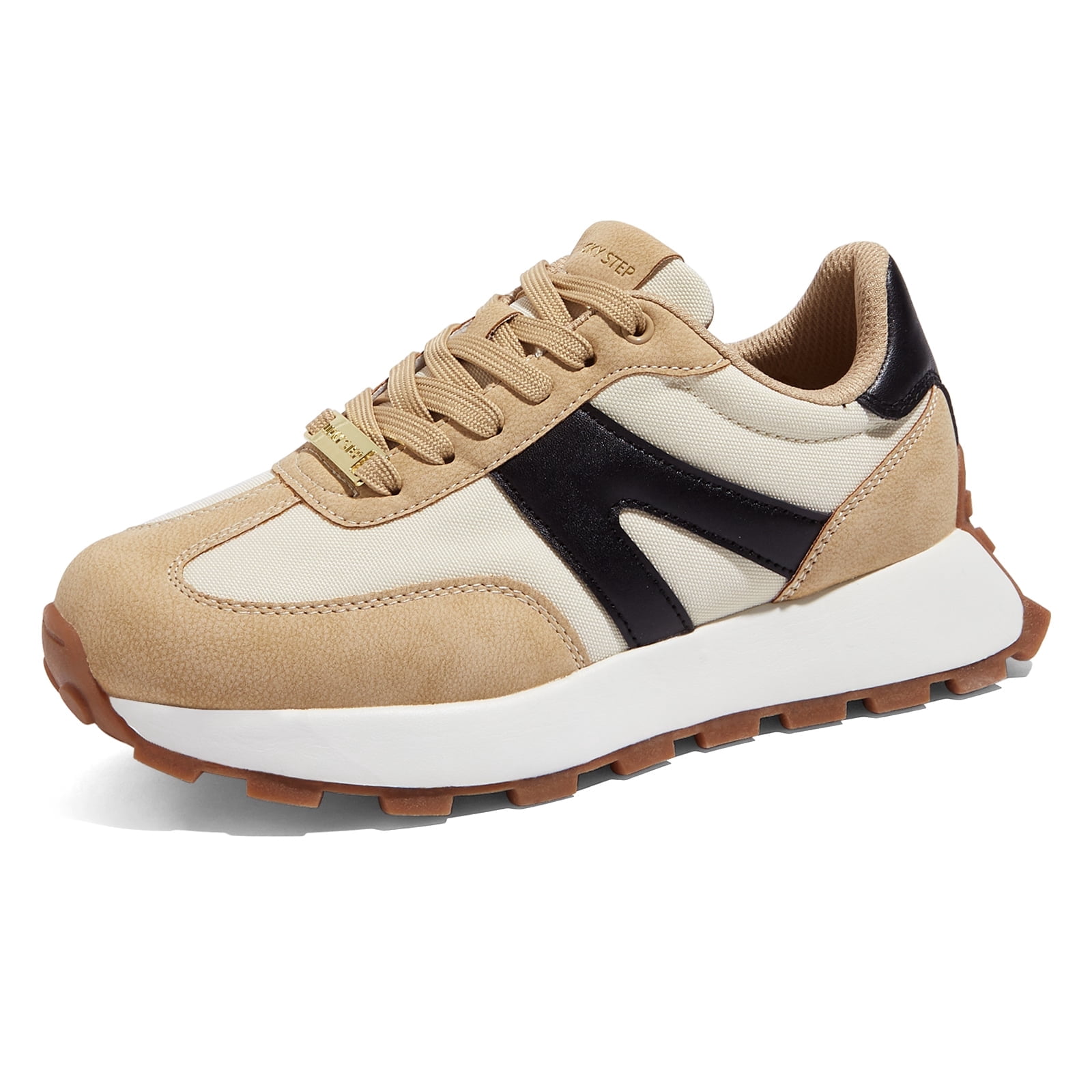 LUCKY STEP Womens Platform Shoes Chunky Fashion Lace-up Sneakers Casual Shoes,Beige&Black