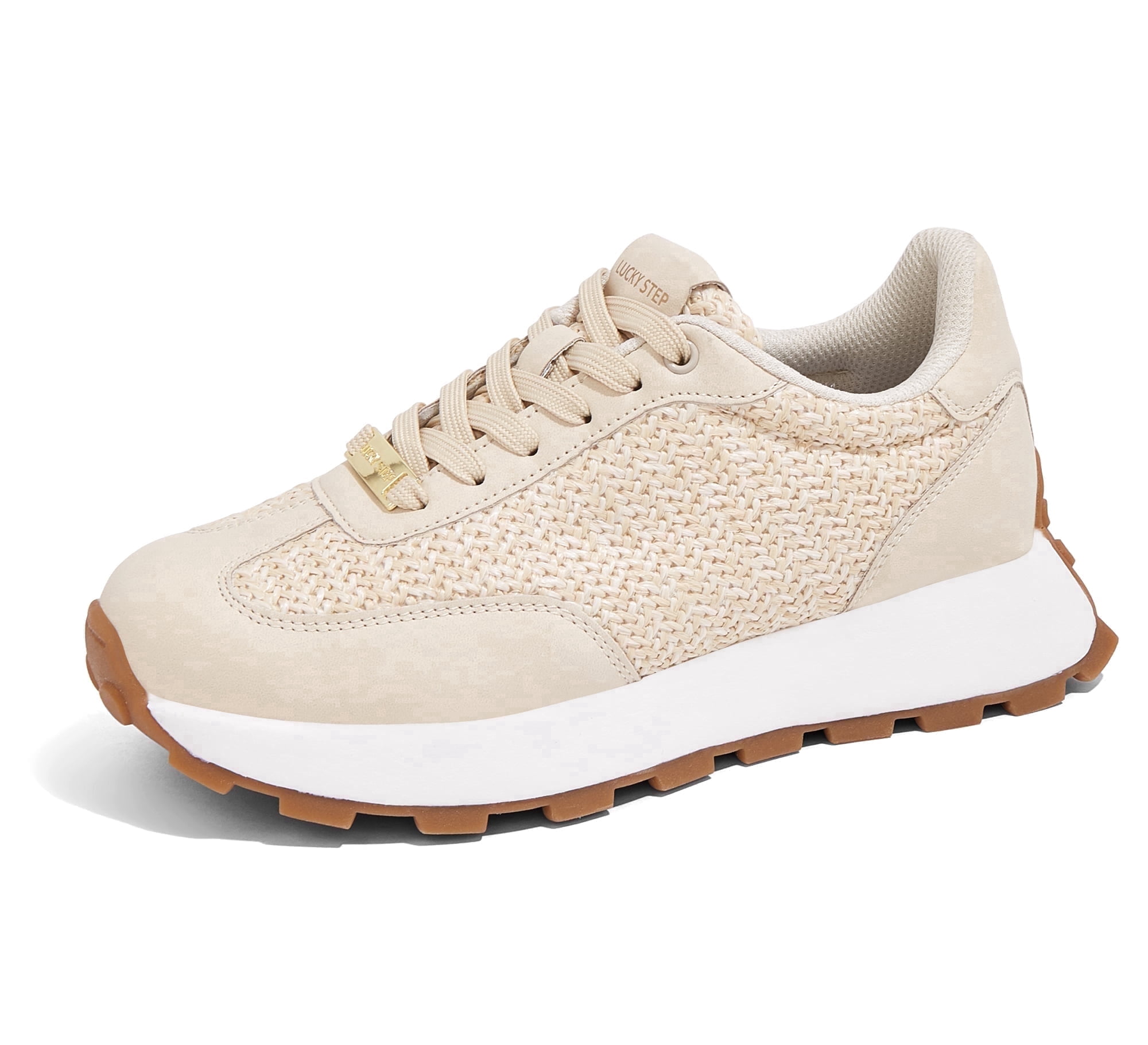 LUCKY STEP Womens Platform Shoes Chunky Fashion Lace-up Sneakers Casual Shoes,Beige Knit