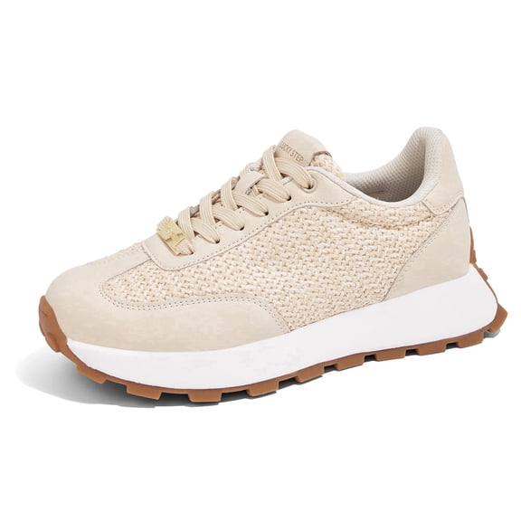 LUCKY STEP Womens Platform Shoes Chunky Fashion Lace-up Sneakers Casual Shoes,Beige Knit